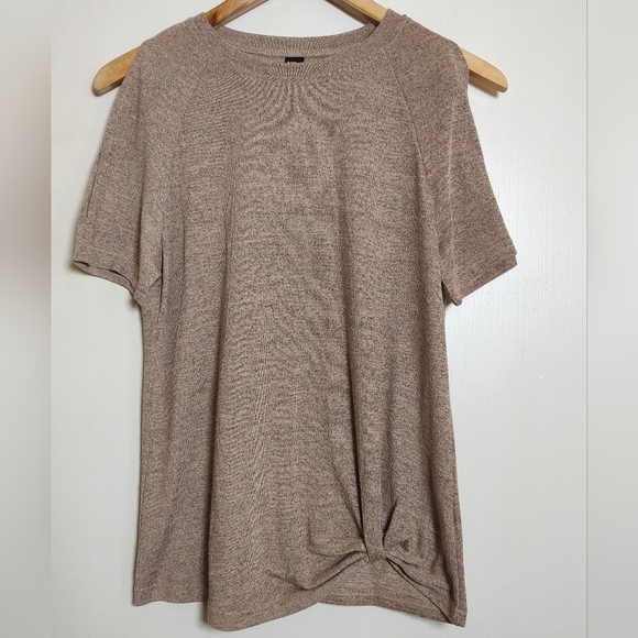 SHEIN Heather Tan Tie Front Relaxed Open Shoulder Short Sleeve Knit Top - Picture 1 of 5